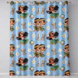 Cute Hula Girl Blue Background Tropical Flowers Coconut Seamless Pattern Readymade Eyelet Ring Top Thermal 100% Blackout Curtains - thumbnail 2