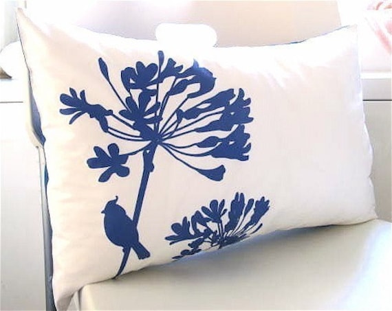 "Cobalt Blue Cardinal Pillow Silkscreened Floral Print, 12"" X 18" - image 1