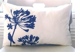 "Cobalt Blue Cardinal Pillow Silkscreened Floral Print, 12"" X 18" - thumbnail 2