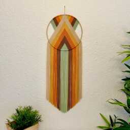 Orange Retro Rainbow Yarn Wall Hanging, Yellow & Green Art, Handmade Hangings, Modern Macrame, 70's Decor - thumbnail 2