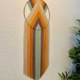 Orange Retro Rainbow Yarn Wall Hanging, Yellow & Green Art, Handmade Hangings, Modern Macrame, 70's Decor - thumbnail 3