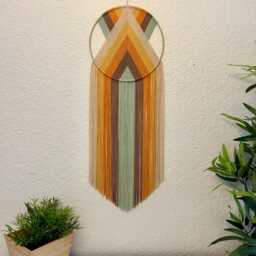 Orange Retro Rainbow Yarn Wall Hanging, Yellow & Green Art, Handmade Hangings, Modern Macrame, 70's Decor - thumbnail 4