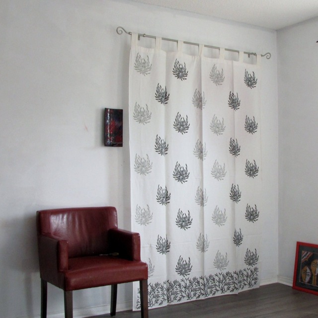 Hand Block Printed Cotton Tab Top Curtains, Loop Curtains, Boho , Bohemian Print, Monochrome - image 1