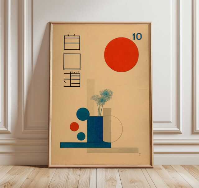 Japanese Abstract Geometric Poster, Bauhaus Minimalist Wall Art, Modern Retro Print, Red Blue Circle Composition, Mid Century Decor - image 1
