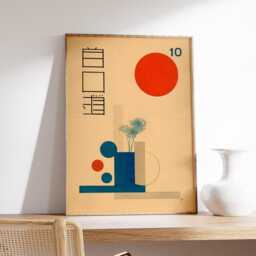 Japanese Abstract Geometric Poster, Bauhaus Minimalist Wall Art, Modern Retro Print, Red Blue Circle Composition, Mid Century Decor - thumbnail 2