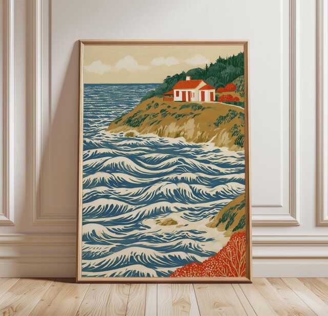 Coastal Cottage Poster, Ocean Landscape Print, Seaside Wall Art - image 1