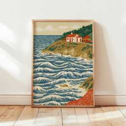 Coastal Cottage Poster, Ocean Landscape Print, Seaside Wall Art - thumbnail 4