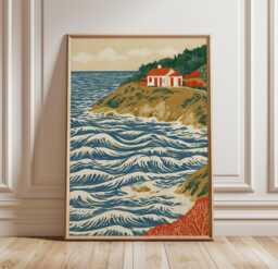 Coastal Cottage Poster, Ocean Landscape Print, Seaside Wall Art - thumbnail 1