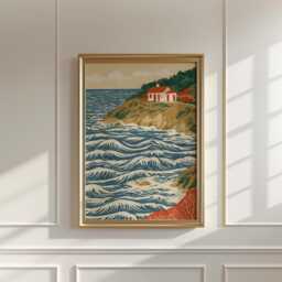 Coastal Cottage Poster, Ocean Landscape Print, Seaside Wall Art - thumbnail 2