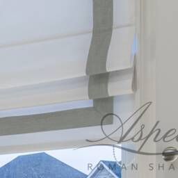 Custom Roman Shade, Cheval White Faux Linen With Silver Border - thumbnail 2