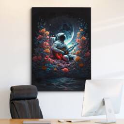 Astronaut Playing Guitar in Bed Of Flowers Butterfly Floral Wall Art, Framed Canvas Poster Print, Home Kitchen Office Room Decor, Gifts - thumbnail 1