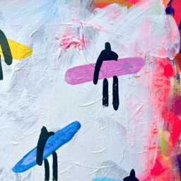 Original Acrylic Surf Painting Colourful Surfers Holding Boards Square Canvas Coastal Beach Wall Art - thumbnail 3