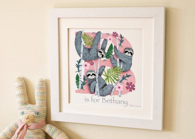 Sloth Letter Print Children Kids Initial Wall Art Illustration Personalised Name Frame Nursery Bedroom Decor New Baby Girl Painting Gift - image 1