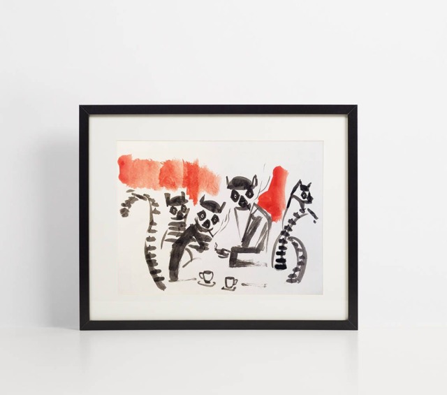 Lemur Art Print - Mod Hipster Lemurs in 1960S Inspired Cafe Illustrated Print, Animal Poster, Artsy Scene, Social - image 1