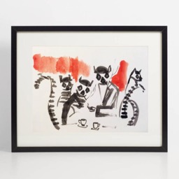 Lemur Art Print - Mod Hipster Lemurs in 1960S Inspired Cafe Illustrated Print, Animal Poster, Artsy Scene, Social - thumbnail 2
