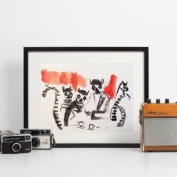 Lemur Art Print - Mod Hipster Lemurs in 1960S Inspired Cafe Illustrated Print, Animal Poster, Artsy Scene, Social - thumbnail 3