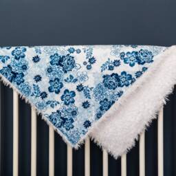 Floral Baby Blanket, Crib Bedding, Faux Fur Trendy Minky Dark Blue Flower Blanket - thumbnail 4