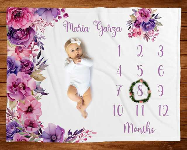 Floral Milestone Blanket Girl Magenta Pink Roses Baby Month Personalized Shower Gift Custom Name Fleece With Wreath Marker - image 1