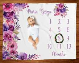 Floral Milestone Blanket Girl Magenta Pink Roses Baby Month Personalized Shower Gift Custom Name Fleece With Wreath Marker - thumbnail 1
