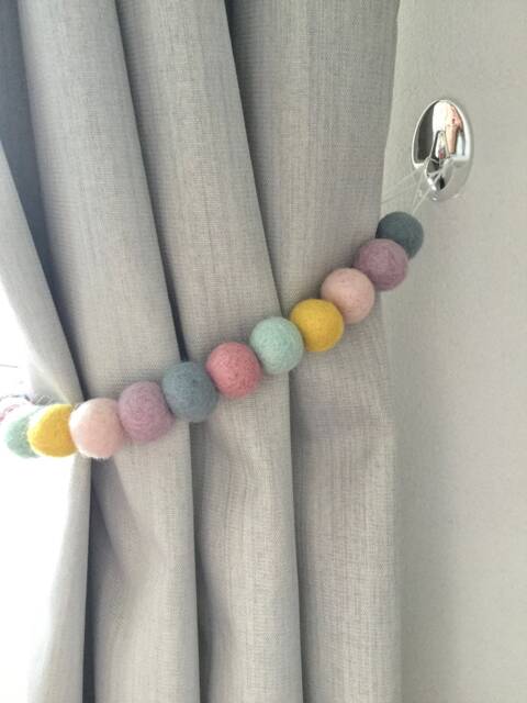 Muted Rainbow Felt Ball Curtain Tie Back Wool Pom Decor - image 1