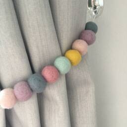 Muted Rainbow Felt Ball Curtain Tie Back Wool Pom Decor - thumbnail 2