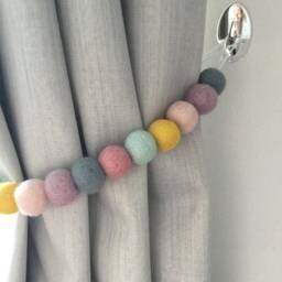 Muted Rainbow Felt Ball Curtain Tie Back Wool Pom Decor - thumbnail 3