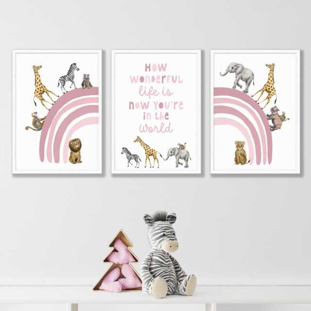 Safari Animal Nursery Print Set, Pink Rainbow Decor - Set Of 3 - image 1