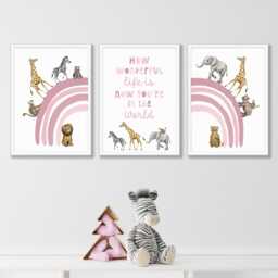 Safari Animal Nursery Print Set, Pink Rainbow Decor - Set Of 3 - thumbnail 1