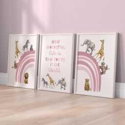 Safari Animal Nursery Print Set, Pink Rainbow Decor - Set Of 3 - thumbnail 2