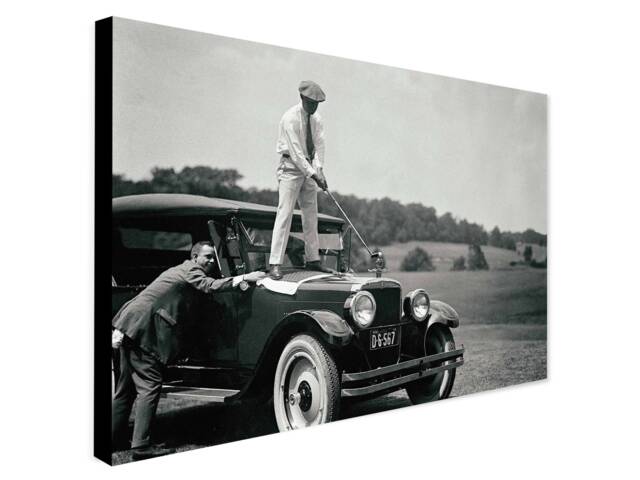 Vintage Golfer On Car Canvas Print - Golfing History Wall Art - image 1