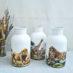 Safari Animal Glass Vase, Giraffe Tiger & Lion Wildlife Home Decor, Hand Decorated - thumbnail 3