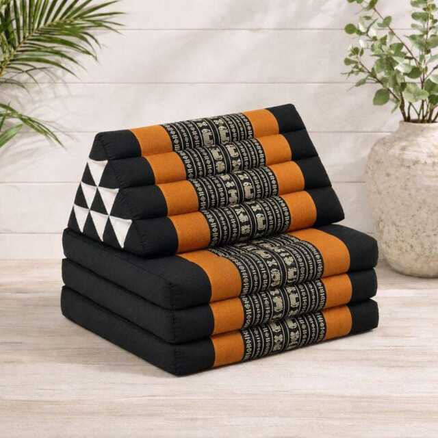 Kapok Thai Classic 3 Fold Yoga/Meditation Floor Cushion With Recliner-Gold & Black Elephant Design. Campervan Seating. Massage Mat
