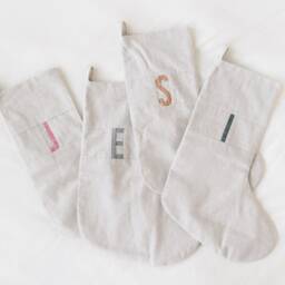 Personalized Christmas Stocking, Custom Minimal Linen Stockings, Farmhouse Decor, Patchwork, Neutral Scandinavian Heirloom Gift - thumbnail 2