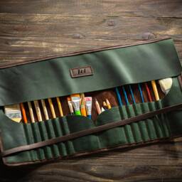 Oversized Leather Brush Case - Professional Roll Up For Painters Oil Painting Supplies Organizer Artist Gift Idea By Mureli - thumbnail 4