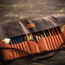 Oversized Leather Brush Case - Professional Roll Up For Painters Oil Painting Supplies Organizer Artist Gift Idea By Mureli - thumbnail 3