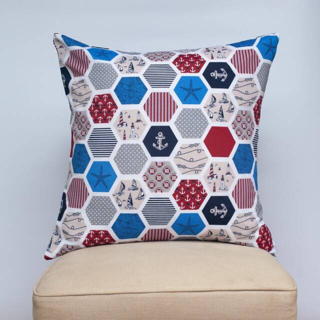 Nautica Marine Print Extra-Large Cushion. Geometric Hexagon Nautical Design With Starfish, Lighthouse & Boat Motifs. 23X23 - image 1