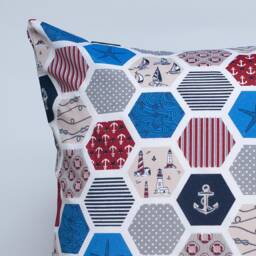 Nautica Marine Print Extra-Large Cushion. Geometric Hexagon Nautical Design With Starfish, Lighthouse & Boat Motifs. 23X23 - thumbnail 3
