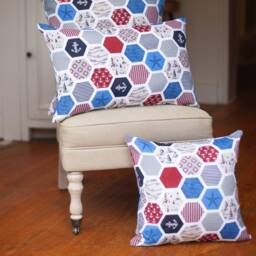 Nautica Marine Print Extra-Large Cushion. Geometric Hexagon Nautical Design With Starfish, Lighthouse & Boat Motifs. 23X23 - thumbnail 2