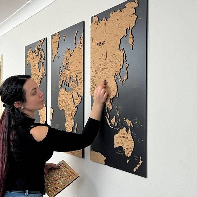 World Map Cork Push Pin Board Travel Wall Art Map, Oak Wood Or Wooden Decor, 3 Panel Feature Art, Gift Anniversary - image 1