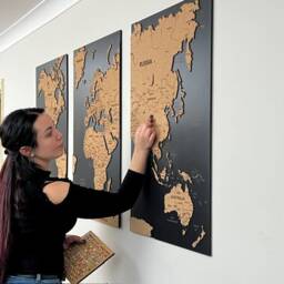 World Map Cork Push Pin Board Travel Wall Art Map, Oak Wood Or Wooden Decor, 3 Panel Feature Art, Gift Anniversary