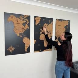 World Map Cork Push Pin Board Travel Wall Art Map, Oak Wood Or Wooden Decor, 3 Panel Feature Art, Gift Anniversary - thumbnail 3