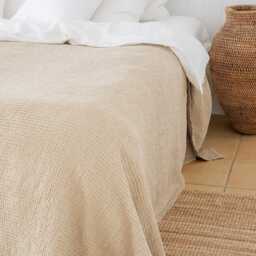 Vanilla Waffle Linen Blanket - Soft Neutral Bed Throw For Queen Or King Natural Bedspread Summer & Minimalist Interiors - thumbnail 2