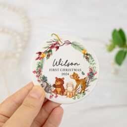 Personalised First Chirstmas Bauble, Baby 1st Christmas Ornament, 2024 Tree Decoration, Animal Ceramic Bauble For Baby, Keepsake - thumbnail 2