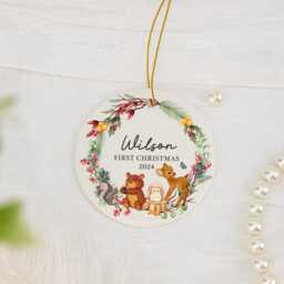 Personalised First Chirstmas Bauble, Baby 1st Christmas Ornament, 2024 Tree Decoration, Animal Ceramic Bauble For Baby, Keepsake - thumbnail 3
