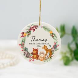 Personalised First Chirstmas Bauble, Baby 1st Christmas Ornament, 2024 Tree Decoration, Animal Ceramic Bauble For Baby, Keepsake - thumbnail 1