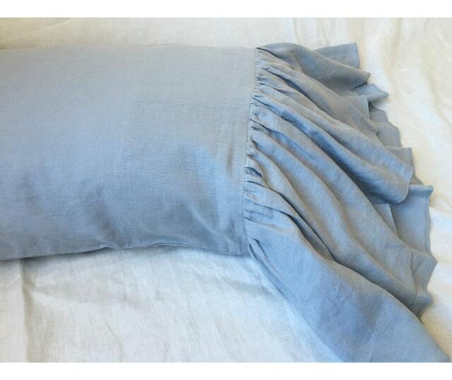 A Pair Of Shabby Chic Pillow Covers in Duck Egg Blue Linen Casess With Mermaid Long Ruffles, Inspired By French Country Style - image 1