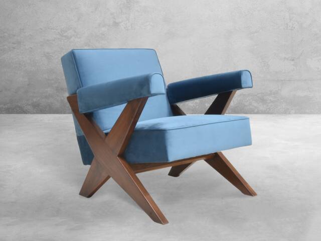 Handmade Pierre Jeanneret Inspired X Leg Lounge Armchair - Reclaimed Teakwood Upholstered With High-Quality Fabrics - image 1