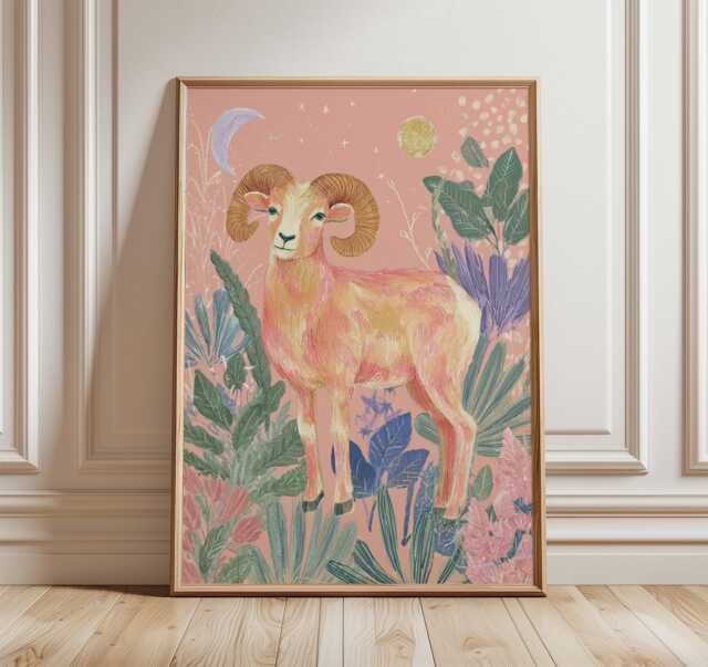 Aries Wall Art Print, Celestial Zodiac Illustration, Modern Astrology Poster, Boho Animal Artwork, Pastel Ram Decor - image 1