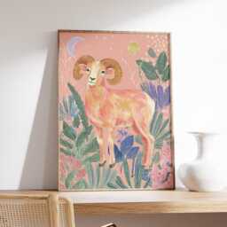 Aries Wall Art Print, Celestial Zodiac Illustration, Modern Astrology Poster, Boho Animal Artwork, Pastel Ram Decor - thumbnail 2