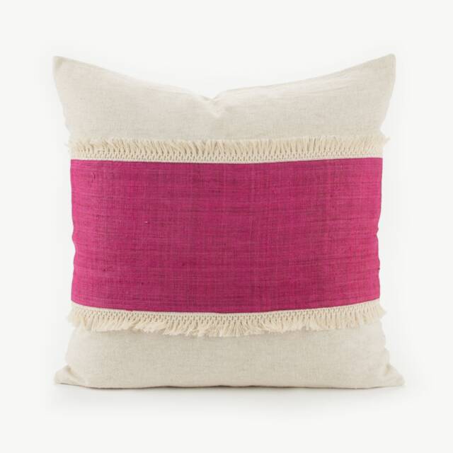 Hill Tribe Hemp Throw Pillow - Pink Stripe, Tassel Fringe - 20x20 - image 1